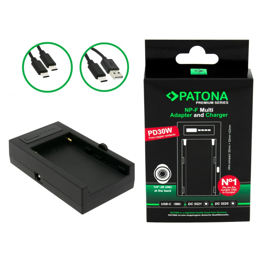 Patona Incarcator Premium Multi-Adaptor pentru Sony NP-F PD30W USB-C DC5521/DC5525 DC8V/12v